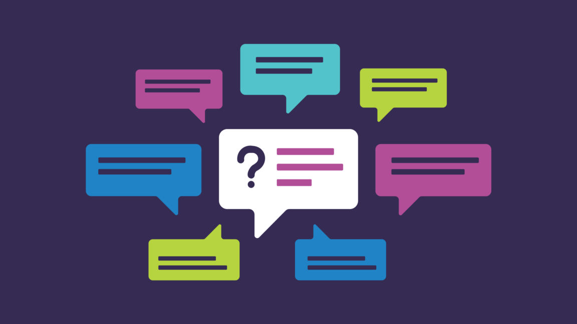 “Illustration of colorful speech bubbles surrounding a central white bubble with a question mark, representing dialogue and inquiry.